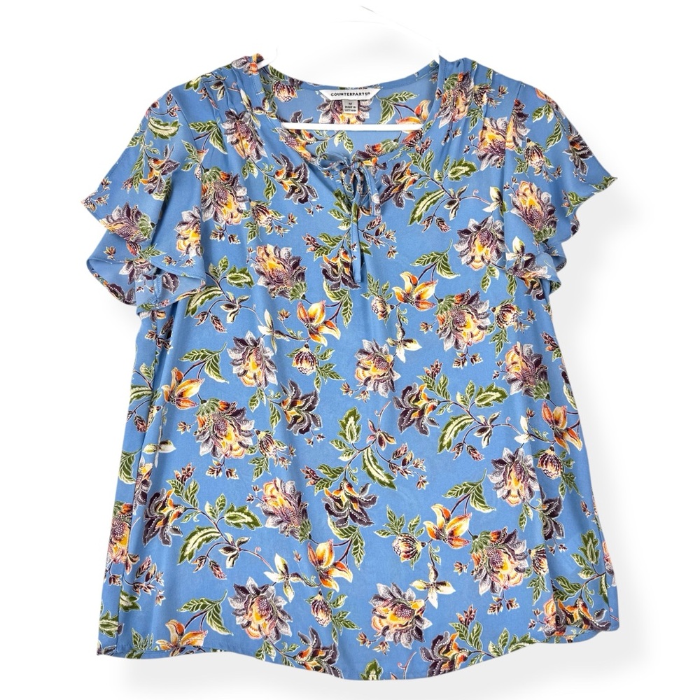 Counterparts Blouse Womens M Medium Blue‎ Floral Tie Neck Slit Ruffled Sleeves